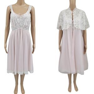 Vanity Fair Vintage Peignoir Nightgown Set Light Pink with White Lace 50s Demure